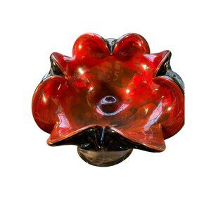 Handcrafted Murano Red & Black Art Glass Ashtray With Ruffled Edges And Gold Foi